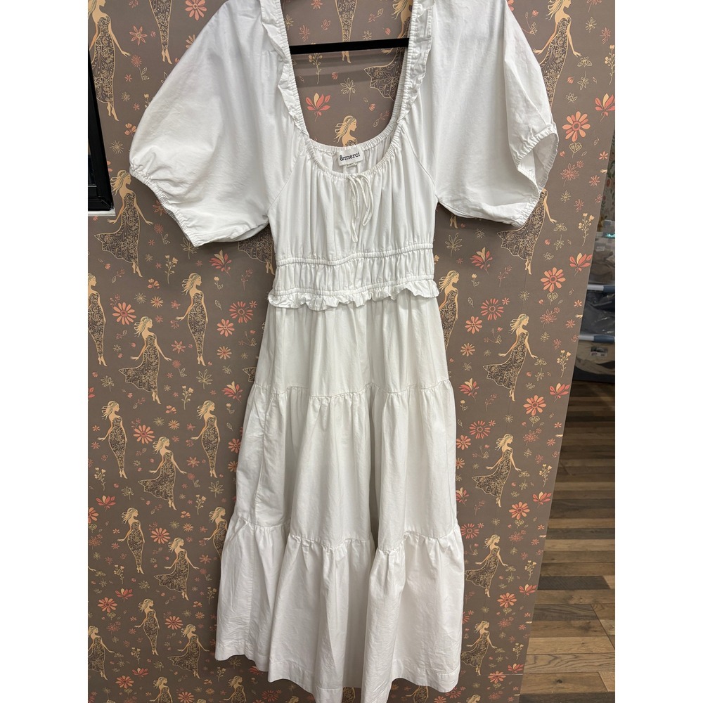 &merci White Tiered Midi Dress Puff Sleeve Smocked Waist Pockets Cottagecore